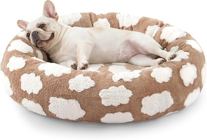 JOEJOY Jacquard Donut Round Small Dog Beds,Brown 23x23x8in, Removable Washable Cover, Cute Pattern, Ultra Soft Fluffy Calming Pet Bed with Thick Supportive Bolster