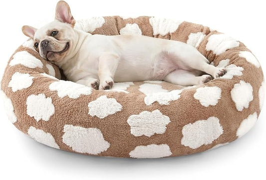 JOEJOY Jacquard Donut Round Small Dog Beds,Brown 23x23x8in, Removable Washable Cover, Cute Pattern, Ultra Soft Fluffy Calming Pet Bed with Thick Supportive Bolster