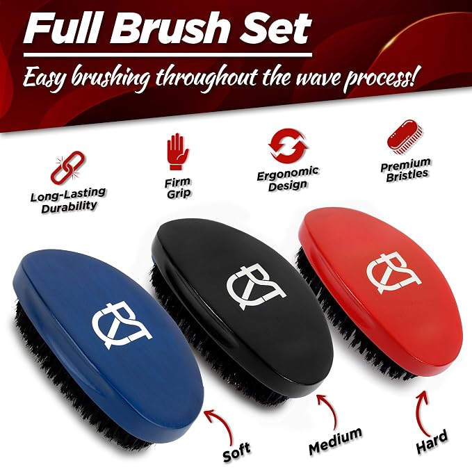 Roman-T 8-in-1 360 Wave Kit for Men - Grooming Kit for 360 Waves - 3 Wave Brushes, Soft, Medium & Hard - 2 Satin Durag, Hand Mirror, Comb, Hair Brush Cleaner - Gift Set, Black