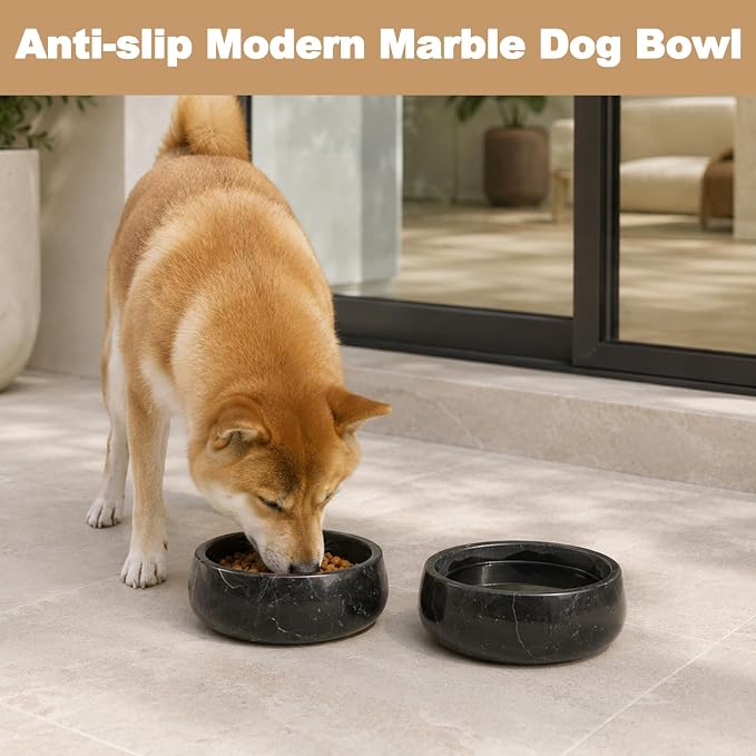Karibiber Black Marble Dog Bowl, 3.5lbs Non Slip Heavy Dogs Food Bowl, Large Weighted Water Bowls for Medium Dogs, Natural Stone Pet Bowl, Holds 4.5 Cups