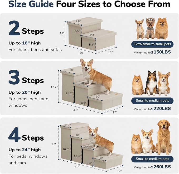 4-Step Wide Dog Stairs with Storage 23" H, Non-Slip Sturdy Pet Steps for High Bed Couch Window, Pet Stairs for Small/Medium/Large Old Dogs Cats Up to 220lbs, Cat Dog Steps for Car/SUV, Beige