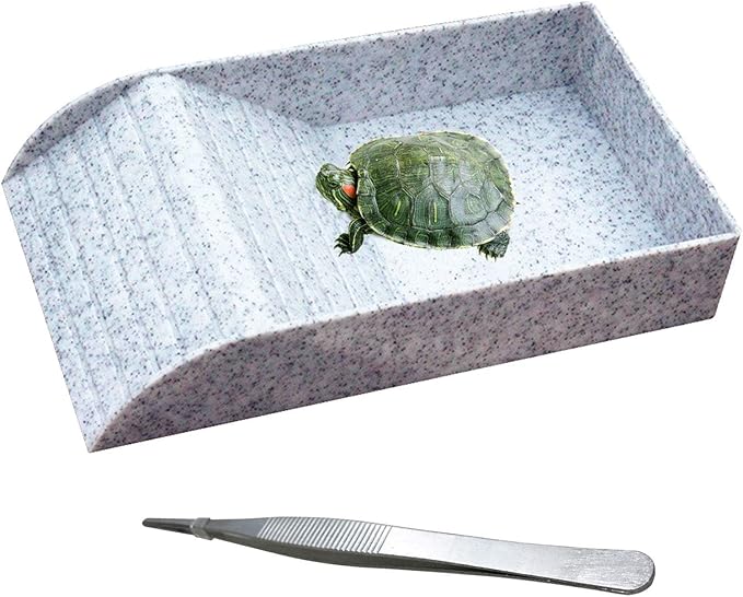 kathson Reptile Tortoise Turtle Feeding Dish with Ramp and Basking Platform Plastic Turtle Food and Water Bowl Also Fit for Bath Horned Frogs Lizards Amphibians(White, Emulational Granite)