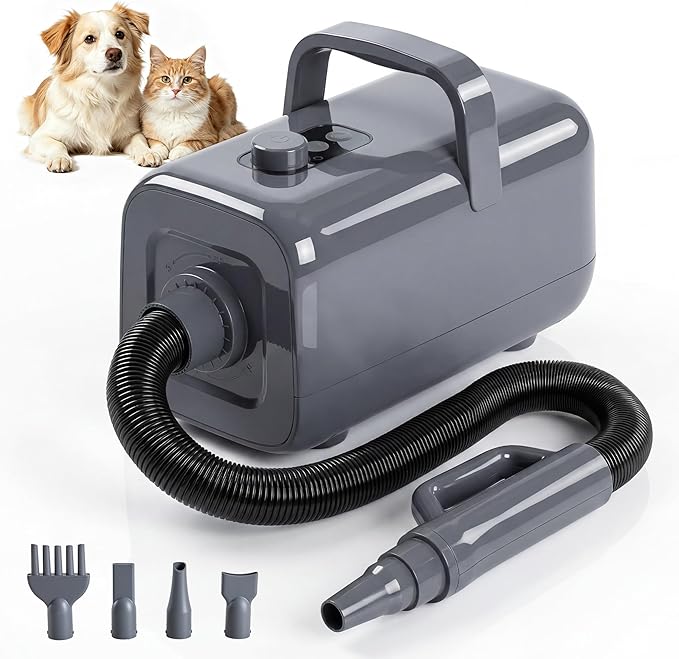 NEWBULIG Dog Hair Dryer with Heater for Grooming, High Velocity Speed | 1550W Dog Blow Dryer, Temperature Adjustable Dog Blower Grooming, Grey