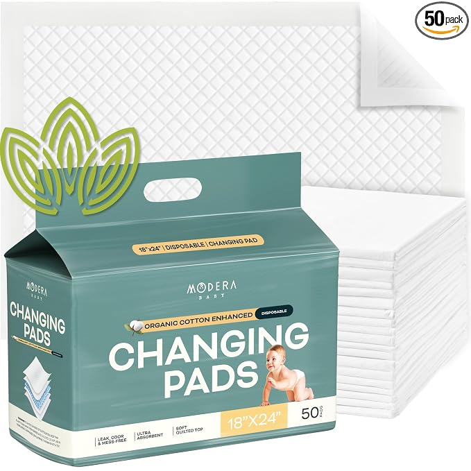 Organic Cotton Enhanced Disposable Changing Pad Liners | Large 18x24 Hypoallergenic Ultra Absorbent Waterproof Super Soft Quilted Underpads for Baby Diaper Table/Travel, Leak Proof, Mess Free 50-Pack