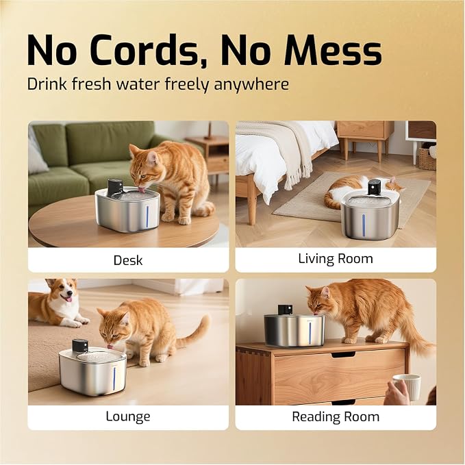 Wireless Cat Water Fountain Stainless Steel,135floz/4L Battery Operated Automatic Pet Fountain,Cordless Cat Water Dispenser Pet Water Fountain for Cats Dogs Pets Outdoor