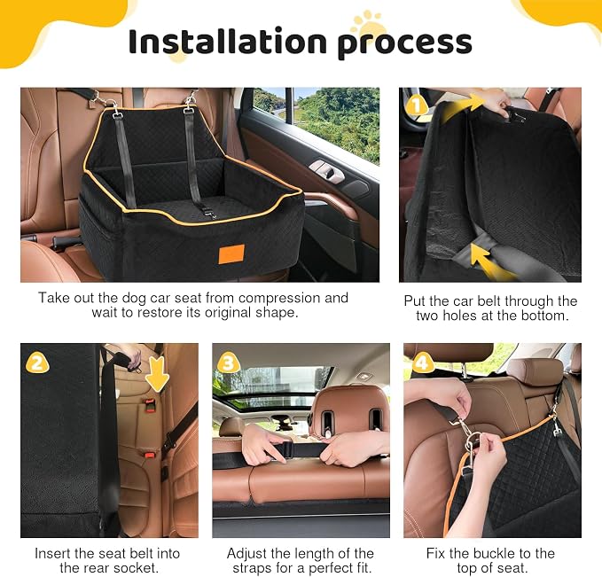 XIEEAOZEE Dog Car Seat for Large/Medium Dog, Booster Seat for Dogs Under 55Lbs or 2 Small, Detachable and Washable Travel Pet Seat with Thick Cushion and Storage Pockets (Black)