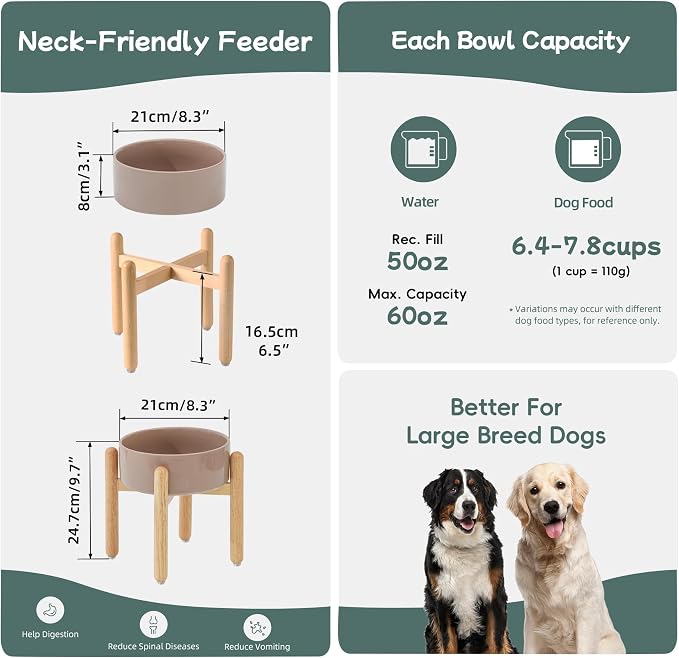 Havniva Elevated Dog Bowls Ceramic Dog Bowls with Stand, Dog Food Bowl | 8.3” Raised Dog Bowls with Non-Slip Wood Stand, Dog Food and Water Bowl Set, Dog Feeding Bowls for Large Dogs