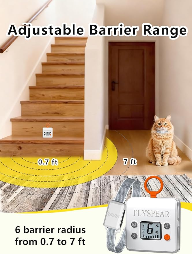 FLYSPEAR Wireless Cat Barrier - Rechargeable Indoor Barrier with 6 Adjustable Range Radius up to 7 ft, 6 Adjustable Safe Static Intensity, Electric Fence System for Cats Small Dogs with Hook (White)