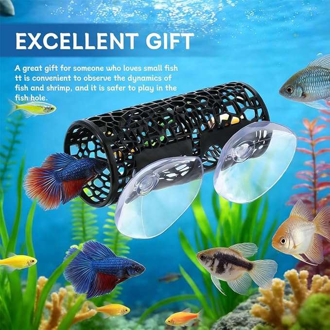 Betta Fish Toy, Betta Fish Tunnel Hammock, Safe Aquarium Decor for Smallfish Shrimp, Bettas Tank Accessories with Suction Cup & Simulated Lotus Leaves Perfect for Hideout/Play Area