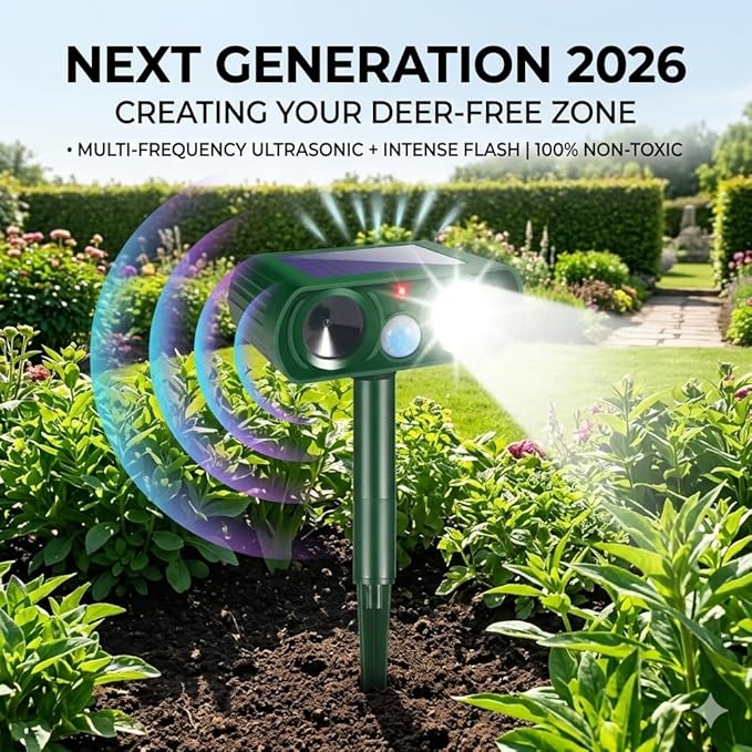 2026 Upgraded Sonic Fortress Pro Deer Repellent Outdoor,Solar Ultrasonic Animal Repellent with Motion Sensor&Flash Light-IP65 Waterproof Raccoon Fortress Pro for Squirrel,Cat-Garden&Yard 4Pack