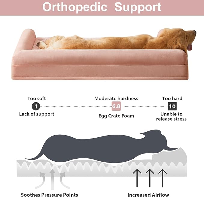 BFPETHOME Orthopedic Washable Large Dog Bed for Senior Dog Comfy Sleep | Waterproof Big Soft Pet Couch Bed for Dogs Relax with Removable Cover Supportive Egg Crate Foam Pink 36x27 Inch