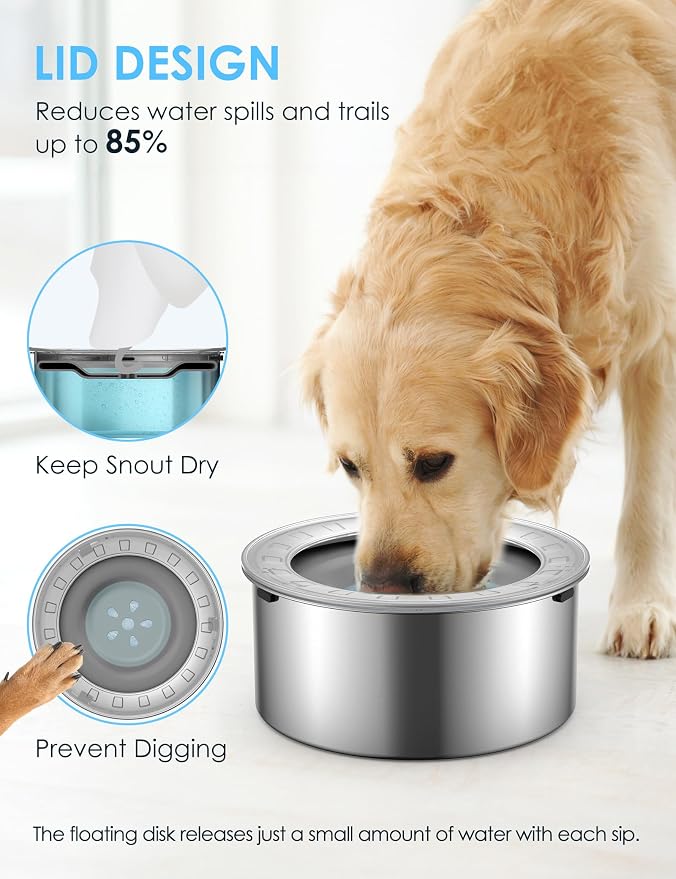 Heouvo 1.8 Gallon No Spill Dog Water Bowl with Slow Drink Floating Disk | Splash-Proof Lid + Stainless Steel Bowl/Rubber Bottom/Slobber Stopper Water Bowl for Large Sloppy Messy Drinkers Reduce Mess