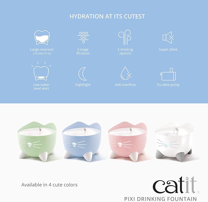 Catit PIXI Cat Drinking Fountain, Running Water Fountain, Pink | Cat Water Fountain with Triple Filter and Ergonomic Drinking Options
