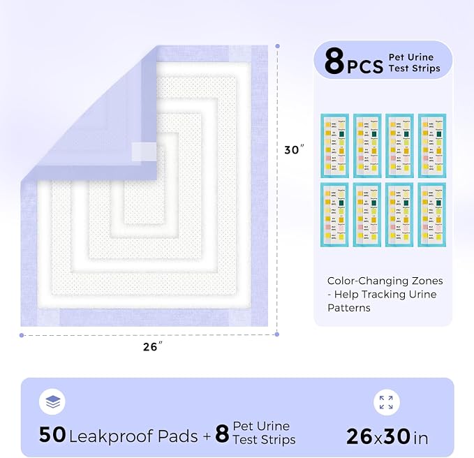 ZOMISIA 3D-Barrier Puppy Pee Pads for Dogs, 12 Cups Absorb & Rise Puffy Gel-Wall Leak-Proof, 26"x30" 50 Counts + 8 Pet Urine Test Strips, Super Absorbent Disposable Potty Training Pads