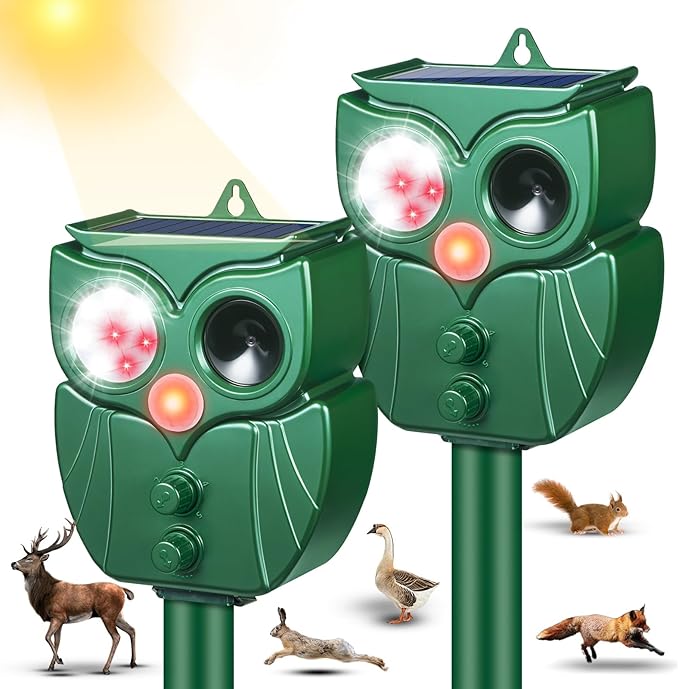 2 Pack Solar Animal Repeller: Ultrasonic Cat Repellent Outdoor with Motion Sensor - Waterproof Bear & Deer Deterrent with LED Flash - Effective Squirrel, Goose, Raccoon & Dog Repellent for Yard