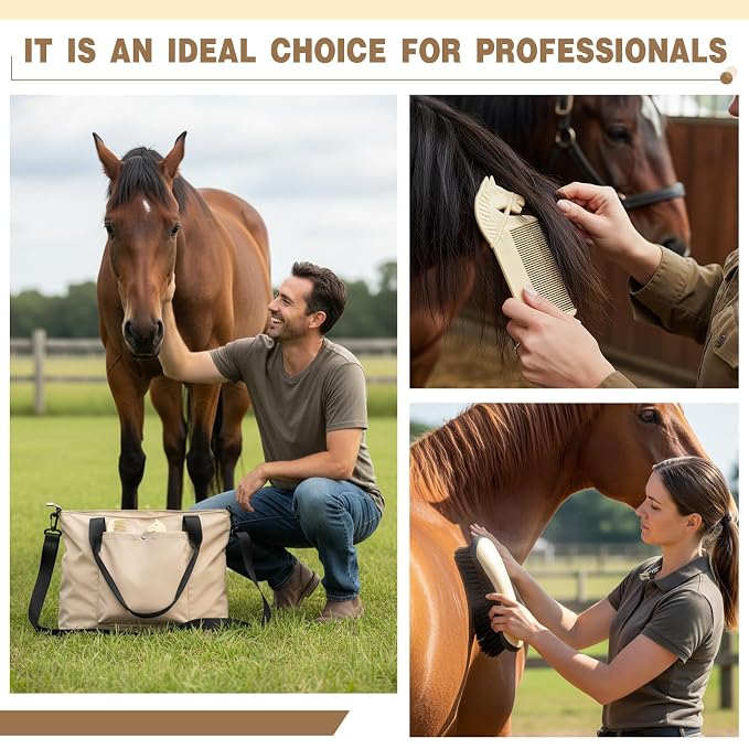 Abbylike 15 Pieces Horse Grooming Kit with Organizer Tote Bag Tack Room Supplies Horse Brush Sets Care Equine Cleaning Kit Shedding Grooming Massaging Tools (Beige)