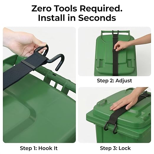 Raccoon Proof Trash Can Lid Lock Strap - Heavy Duty Metal Hooks Garbage Can Lock for Animals, Dogs, Bears - Adjustable Universal Fit, Easy-Pull Handle for Clean Hands, No Drilling - 1 Pack
