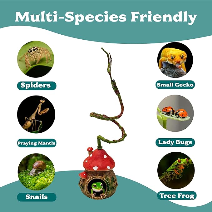 Jumping Spider Hide with Bendable Vine – Mushroom Cave for Tarantula, Gecko & Tree Frog – Reptile Terrarium Decor for Spider Enclosure & Reptile Tank (4"x4"x12")