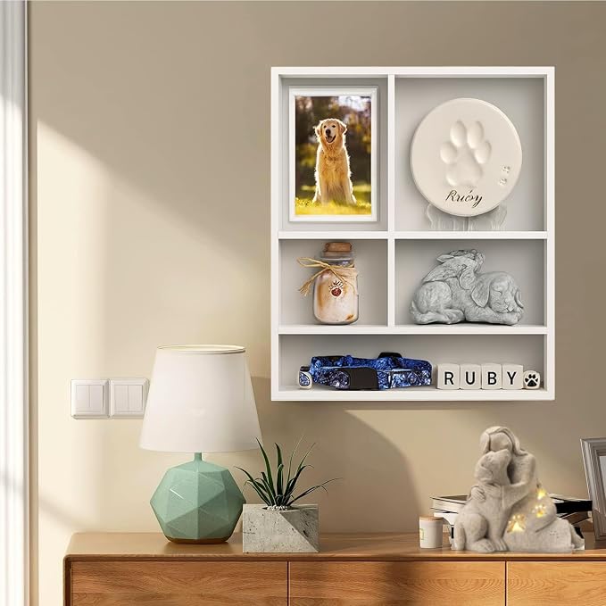 11*14" Solid Wood Pet Memorial Shadow Box with Adjustable Shelves | Deep Pet Memory Frame Urn Ashes Display Case for Dogs or Cats as Loss Pet Remembrance Keepsake - White