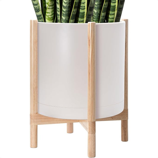 D'vine Dev Plastic Pot with Natural Wood Stand, Oatmeal, 16 in, 55-C-Y-4 | Mid-Century Inspired Design, Elevated Plant Display, Clean Lines, Sturdy Support, Modern Space-Saving Style