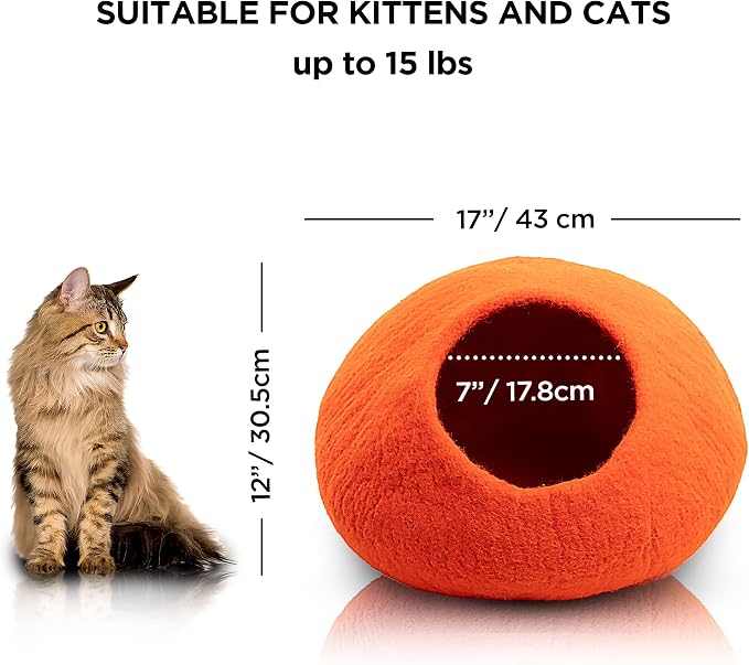 Luxurious Merino Wool Cat Cave - Foldable Hideaway Pod for Indoor Cats - Premium Felt Kitten Pet Enclosure - Covered Cat House for Ultimate Cozy Comfort by Woolygon (Orange Plain)