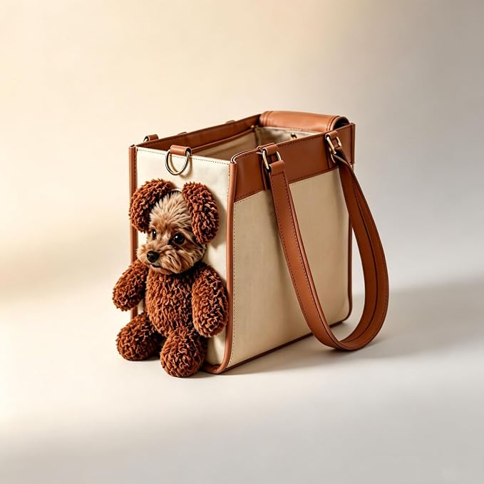 Teddy Bear Dog Carrier Bag, Teddy Carrier Bag for Dogs and Cats, Portable PU Leather Shoulder Tote with Plush Ears, Portable Convenient，White Brown Color Scheme