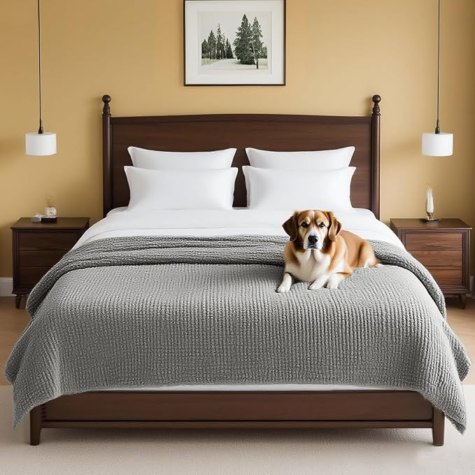 H.VERSAILTEX Plush Chenille Couch Cover for Dogs Pets Blanket for Bed Anti-Slip Soft and Durable Furniture Protector for Small Medium Large Cats Washable (52" x 82", Dove)
