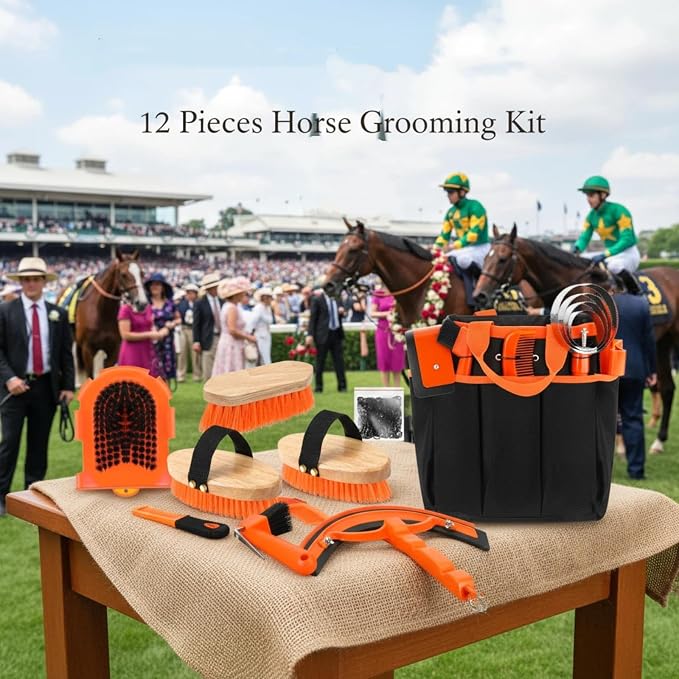 Abbylike 12 Piece Horse Grooming Kit with Organizer Tote Bag Brush Sets for Derby Day Show Horses Professional Tools for Care & Massage(Orange)