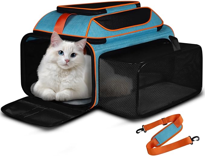 Top and Side Expandable Pet Carrier Airline Approved, Blue | 19"L x 13"W x 9"H, for Southwest Allegiant Airlines, Lockable Safety Zippers and Anti-Scratch Mesh, Pets Under 12 lbs