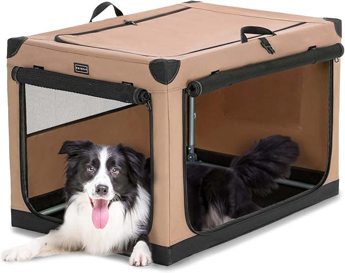 PETSFIT 36" Soft Portable Dog Crate – Patented Spiral Sturdy Frame, Collapsible Travel Kennel for Medium & Large Dogs, 3 Mesh Door, Lockable Zippers, Indoor & Car Use Khaki
