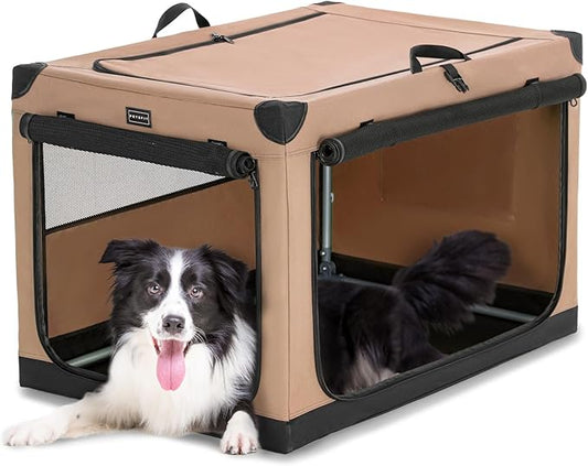 PETSFIT 36" Soft Portable Dog Crate – Patented Spiral Sturdy Frame, Collapsible Travel Kennel for Medium & Large Dogs, 3 Mesh Door, Lockable Zippers, Indoor & Car Use Khaki
