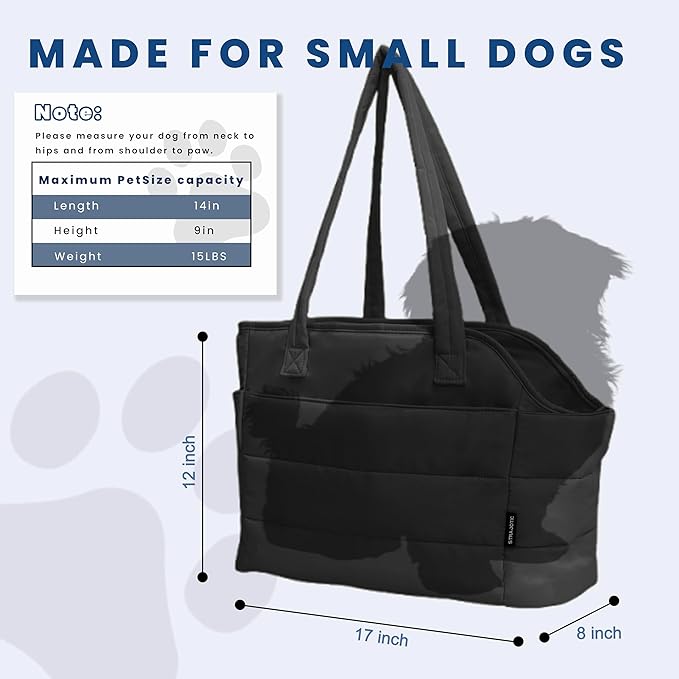 Lightweight Puffy Dog Purse Carrier for Small Dogs, Black | Quilted Pet Carrier Tote with Safety Leash Clip, Storage Pockets and Removable Base, for Pets Up to 15 lbs, Black