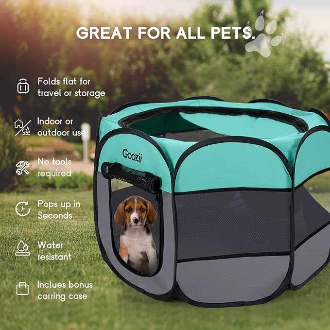 Goozii Pet Cat Playpen for Indoor Cats Enclosed, Puppy Dog Play Pen for Outdoor Travel Camping (Medium Size, Green & Dark Grey)
