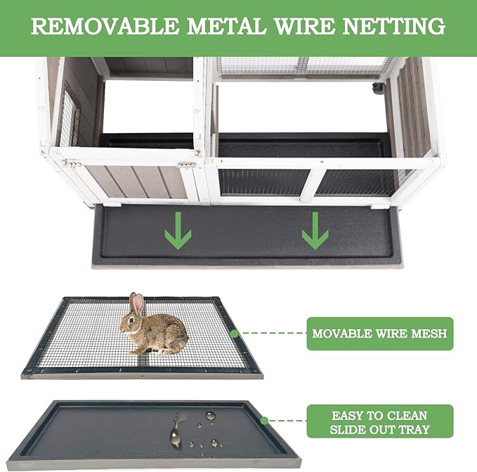 Gowoodhut 76.38"L Rabbit Hutch Indoor and Outdoor with 8 Wheels,Wooden Rabbit Cage with Pull Out Leak-Proof Tray for 2-4 Rabbits,Bunny Hutch with Asphalt Roof Suitable for Garden,Park,Living Room,Grey