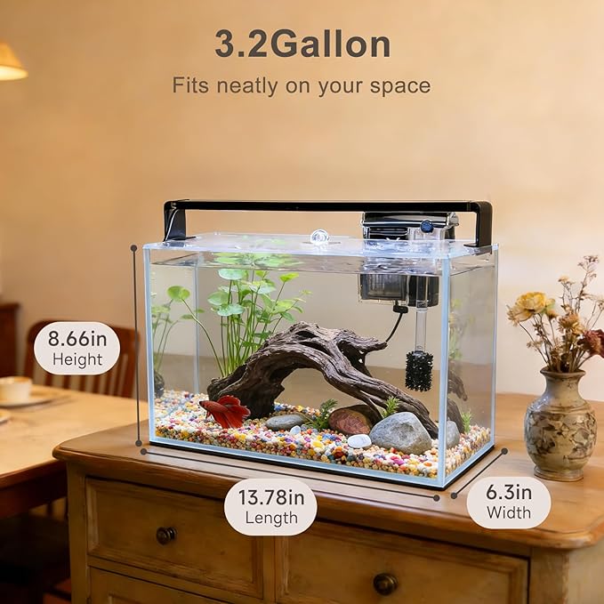 3.2 Gallon Fish Tank, Nano Nature Aquarium,Small Aquarium Starter Kit,Ultra-Clear Rimless Desktop Small Aquarium with Filter,Light,Rainforest Sand,Rock for Betta,Shrimp,Goldfish,Clear Glass