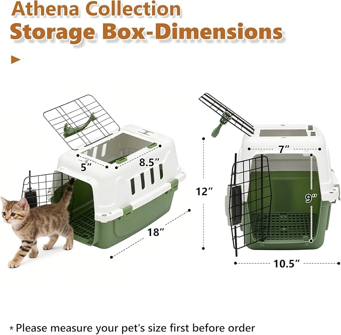 Athena Collection 18" Hard-Sided Travel Pet Carrier for Small Dogs and Cats | Plastic Dog Carriers with 2-Door Top & Front Load, Ventilation, Security Lock, Cat Dog Carrier for Pet, up to 10lbs, Green