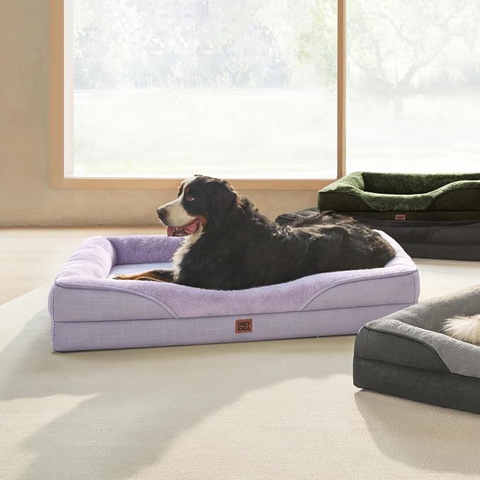 EHEYCIGA Orthopedic Dog Bed for Large Dog, Memory Foam Dog Couch, Purple | 36x27 Inch Large Sized Dog Sofa with Sides, Waterproof Liner & Washable Removable Cover, Bolster Pet Couch