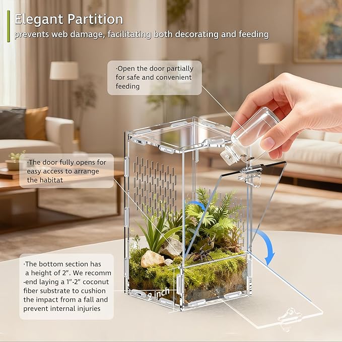 Jumping Spider Enclosure, Front-Opening Acrylic Spider Terrarium with Magnetic Door,Laser-Cut Biomimetic Ventilation System, Escape-Proof for Feeder Insects (4.3"x4.3"x7.8")