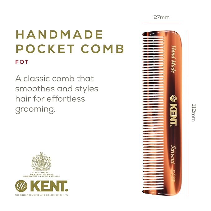 Kent FOT Fine Tooth Handmade Pocket Comb for Men, Women and Kids, Hair Comb Straightener for Everyday Grooming and Styling, Beard and Mustache, Saw Cut, Hand Polished, Made in England