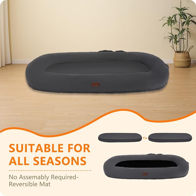 Human Dog Bed for Adult, Orthopedic Gel Memory Foam, 71"x47"x9" | Human Dog Bed Fits Adult & Pets, Reversible Egg-Crate Foam Cushion, Washable Pet Bed with Blanket, Black Grey
