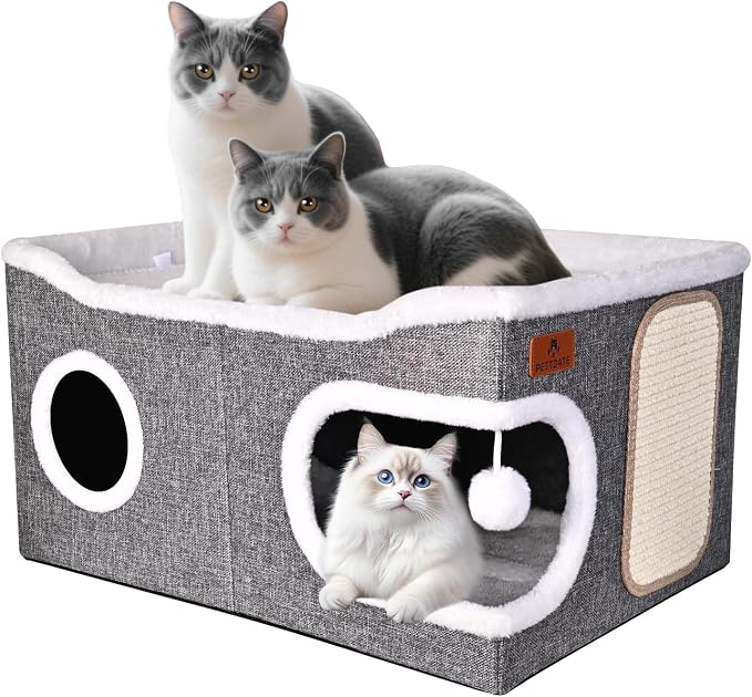 Extra Large Cat Beds for Indoor Cats, Covered Cat Cave Beds & Furniture with Scratch Pad and Fluffy Ball, Foldable Cat Condo Hideaway with Reversible Cushion for Multi Small Pet Large Kittens, Grey