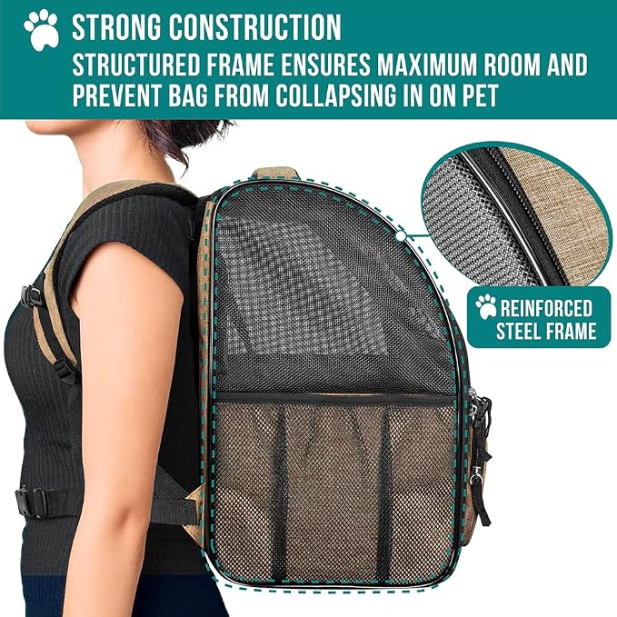 PetAmi Dog Backpack Carrier for Small Medium Dogs Large Cats up to 18 lbs, 2 Side Entry, Structured No-Collapse Frame, Airline Approved Ventilated Pet Backpack for Hiking Camping Travel Vet, Taupe