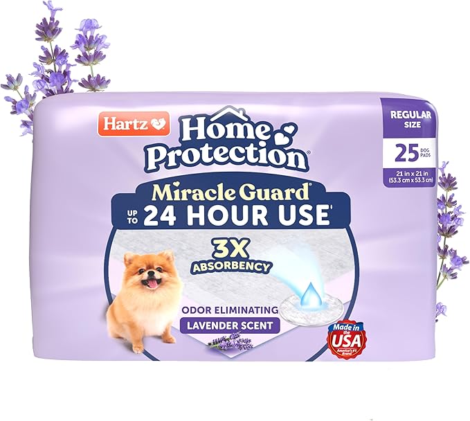 Hartz Miracle Guard Dog and Puppy Dog Pads Max Absorbency 24 Hour Use Odor Eliminating Lavender Scented No Leaks, Regular Size 25 Count