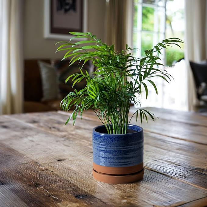 HERDUK 6 Inch Plant Pots, Ceramic Planter Pot with Drainage Hole & Saucer, Indoor/Outdoor Cylinder Round Planter Pot, Aqua Blue & Terracotta Red