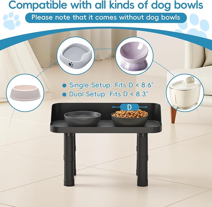 Raised Dog Food Bowl Stand Feeding Station Adjustable 16in Wide | 3 Adjuastable Heights, with Splash Gard, Pet Cat Large Dogs Universal, No Bowl Included