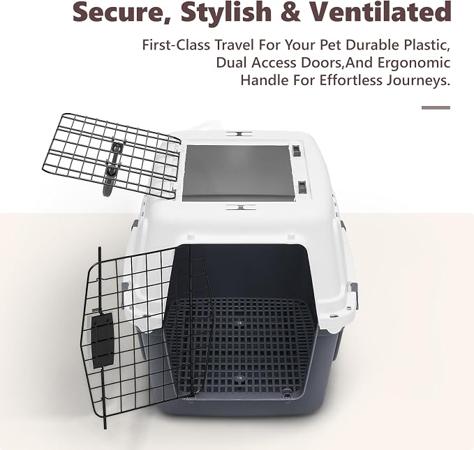 Athena Collection 22" Hard-Sided Travel Pet Carrier for Small Dogs and Cats | Plastic Dog Crate with 2-Door Top & Front Load, Ventilation, Security Lock, Cat Dog Carrier for Pet, up to 22lbs, Grey