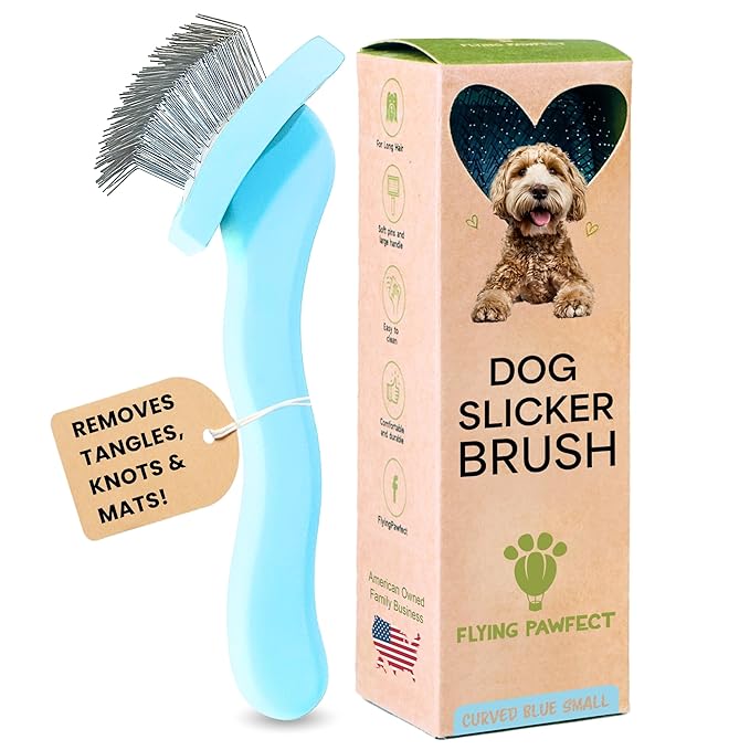 Pet Slicker Brush With Soft Massage Grooming Stainless Steel Pins - For Dematting, Shedding Fur, and Undercoat - Ideal Gift for Professional Pet Groomers - Long Slicker Brush (Blue, Curved Small)