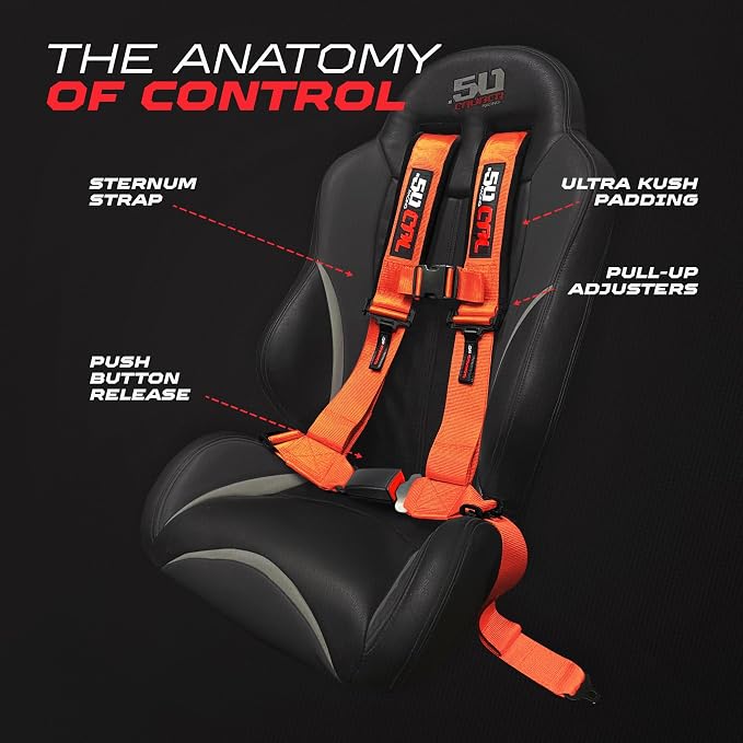 1pc 50 Cal Orange 4 Point Harness 3in Straps, Racing Harness Seat Belt | Ultra Kush padding, Push Button quick release hardware. Universal Fit for UTV, RZR, race car.