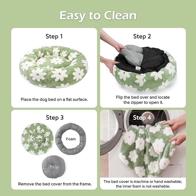 JOEJOY Jacquard Donut Round Dog Beds Large Sized Dog,Green 36x36x8in, Removable Washable Cover, Cute Pattern, Ultra Soft Fluffy Calming Pet Bed with Thick Supportive Bolster