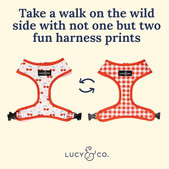 Lucy & Co. Reversible Dog Harness - Water-Repellent Neoprene, Dual-Print Design, Easy Swap Style, Adjustable Comfort Fit - Cheery Cherries Reversible Harness - Medium